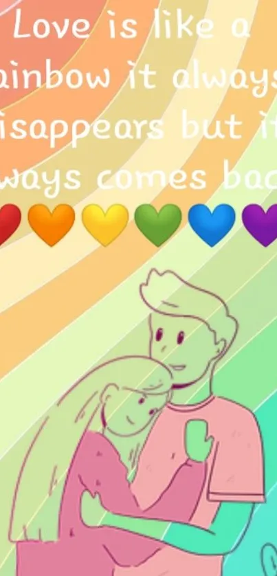 Pastel rainbow wallpaper with love quote and couple illustration.