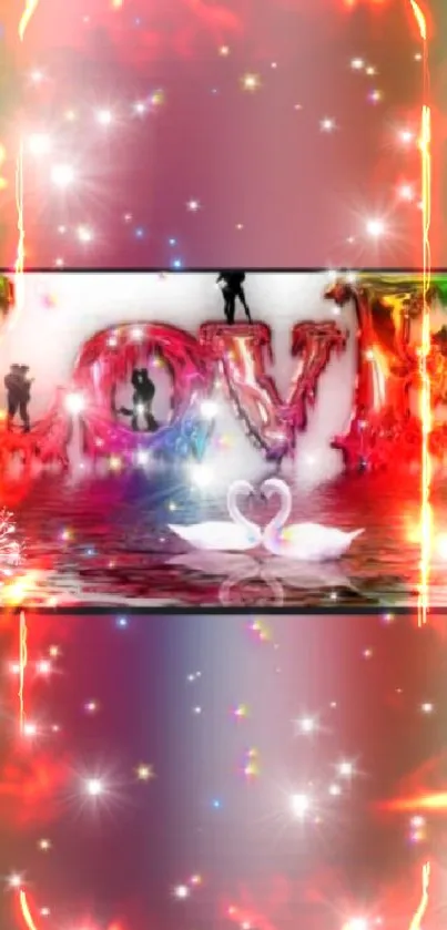 Colorful 'LOVE' letters with sparkles and swans on phone wallpaper.