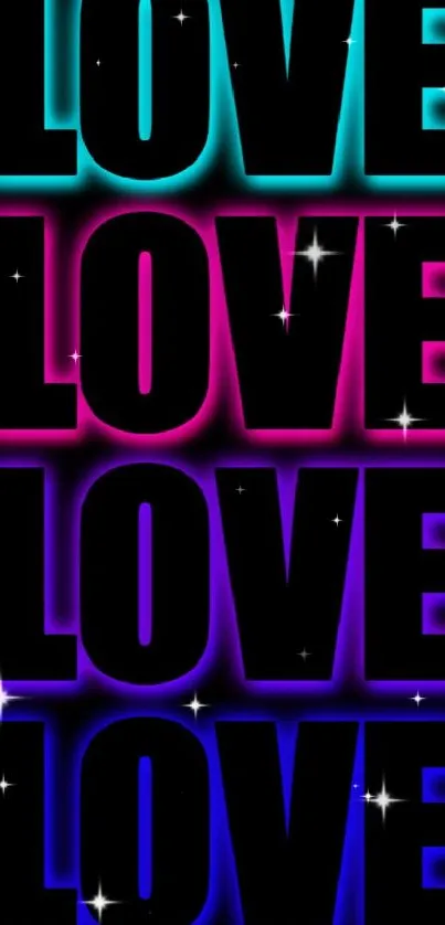 Neon 'LOVE' text wallpaper with colorful glow on black background.