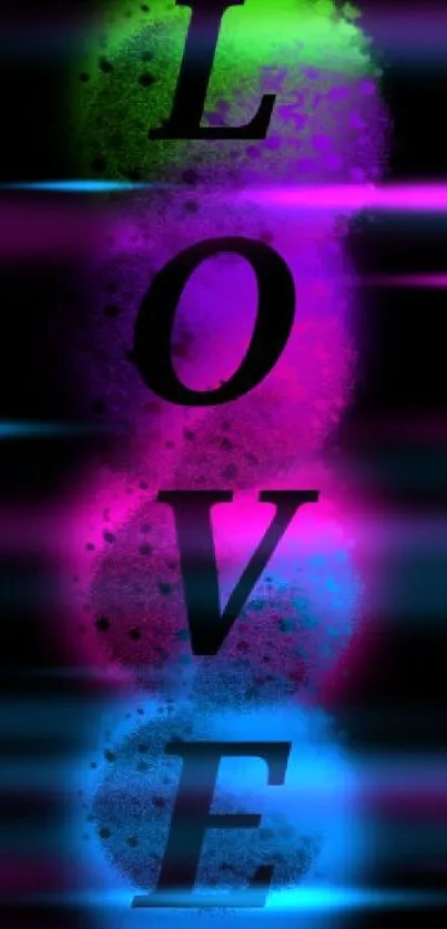 Colorful LOVE-themed mobile wallpaper with neon glows.