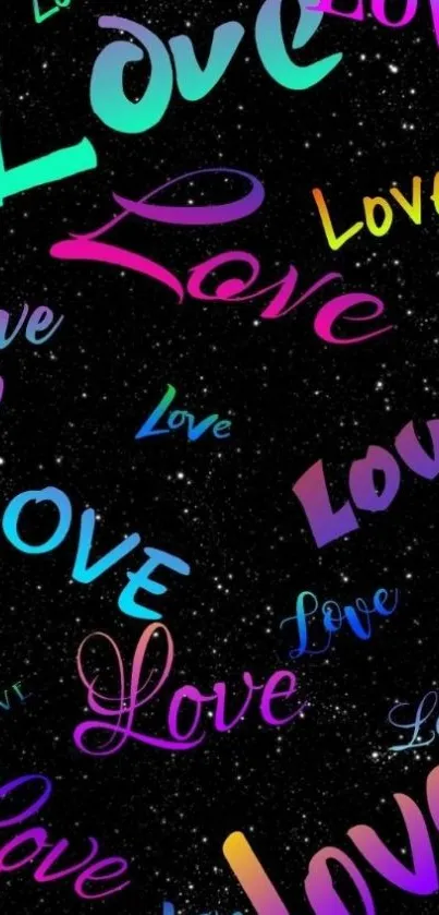 Colorful 'Love' text on starry black background wallpaper.