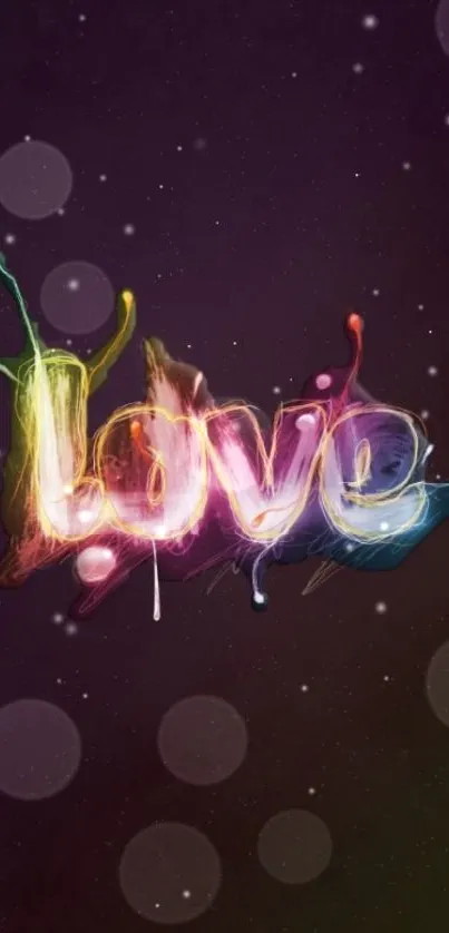Colorful love text on dark mobile wallpaper.