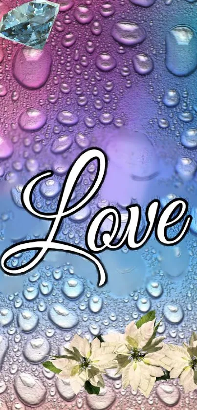 Colorful wallpaper with 'Love' text and water droplets.