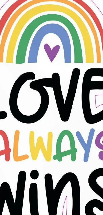 Colorful mobile wallpaper with 'Love Always Wins' and rainbow.