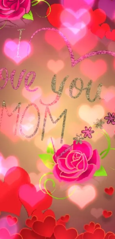 Colorful 'Love You Mom' wallpaper with hearts and roses.