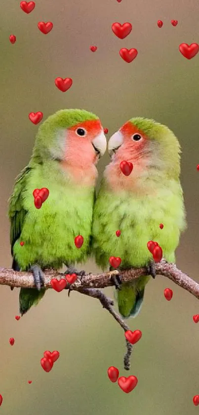 Two colorful lovebirds perched on a branch against a blurred background.