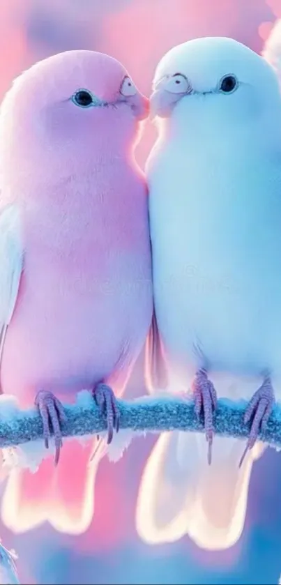 Two colorful lovebirds perched on a frosty branch.