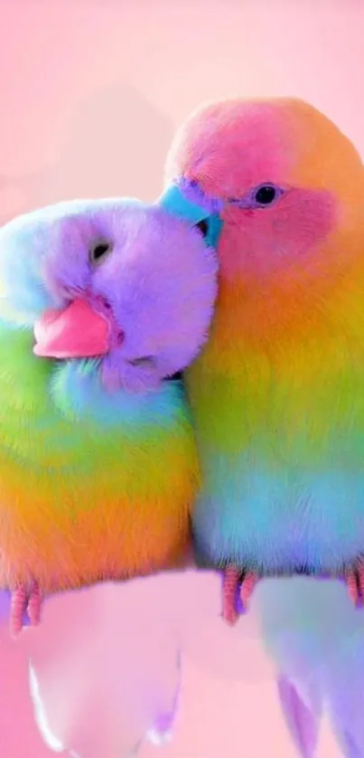 Colorful lovebirds on pink background wallpaper.