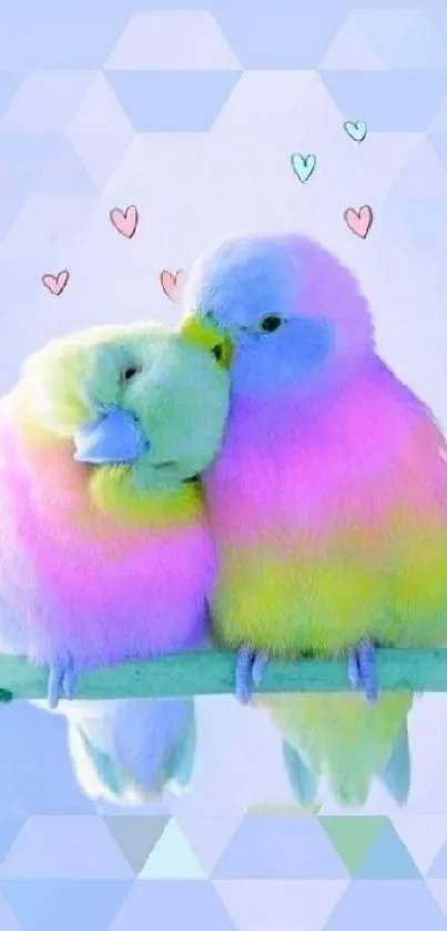 Pastel-colored lovebirds on a branch with a light blue geometric background.