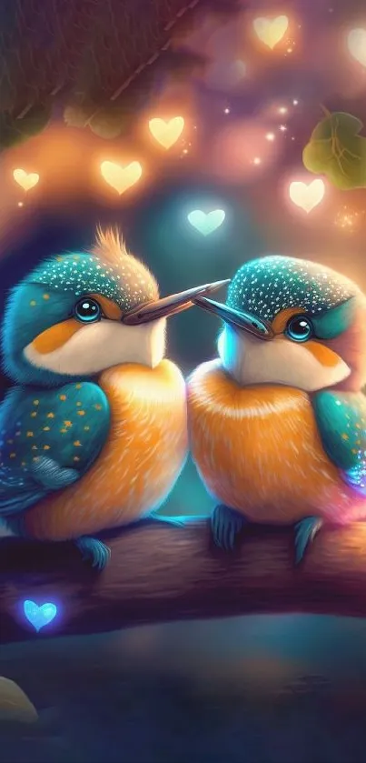 Two colorful lovebirds with glowing hearts in vibrant nature background.