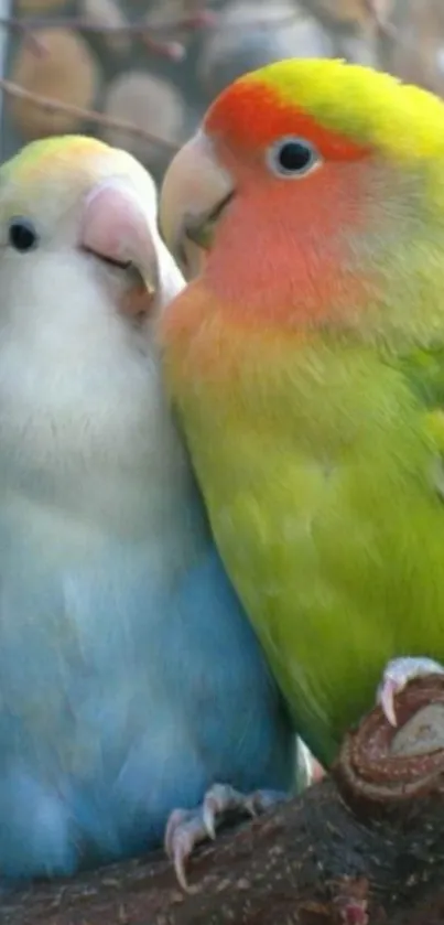 Two vibrant lovebirds snuggled on a branch.