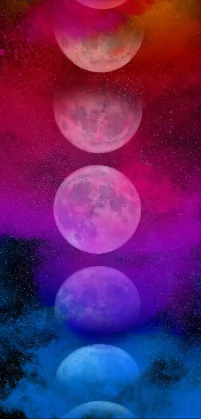 Vibrant mobile wallpaper of colorful moons against a cosmic backdrop.