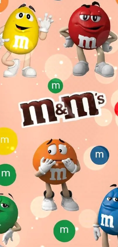 Vibrant M&M's characters on peach background.