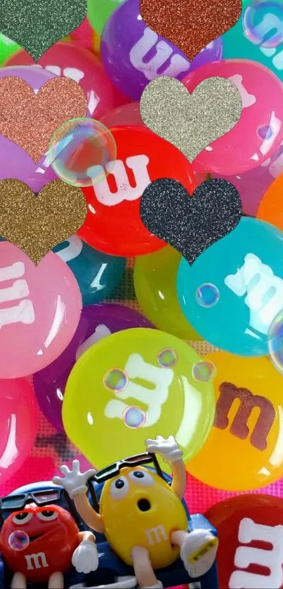 Colorful M&M candies with hearts and bubbles wallpaper.