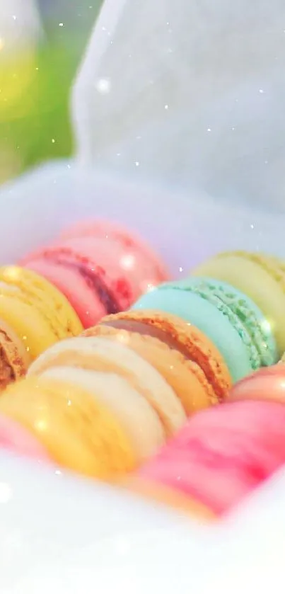 Box of colorful pastel macarons in various hues for a vibrant phone wallpaper.