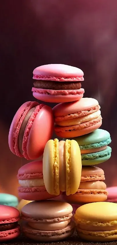 Colorful stacked macarons against blurred background