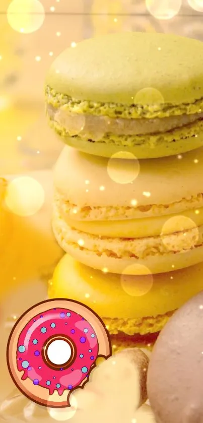 Colorful macarons with donut illustration on mobile wallpaper.