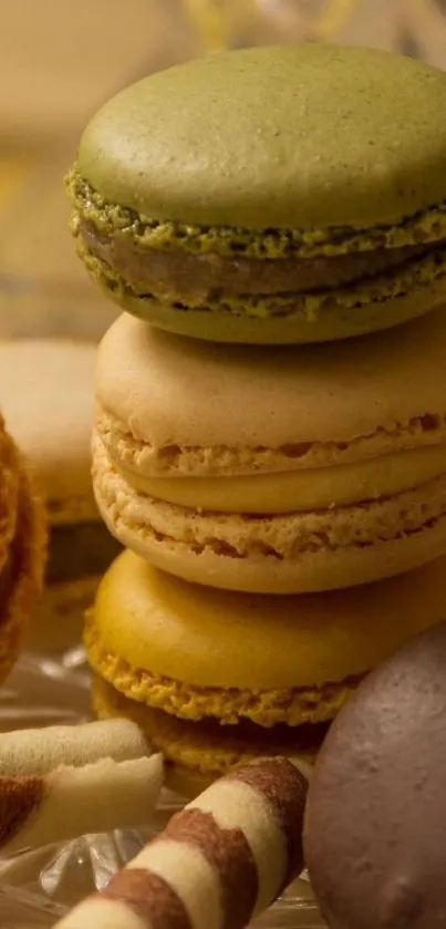 Colorful macarons stacked on a platter, perfect for dessert lovers.