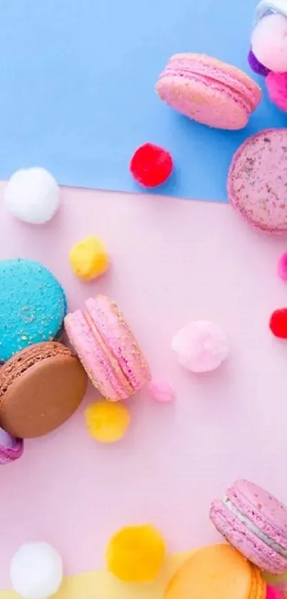 Colorful macarons with pastel background cones.