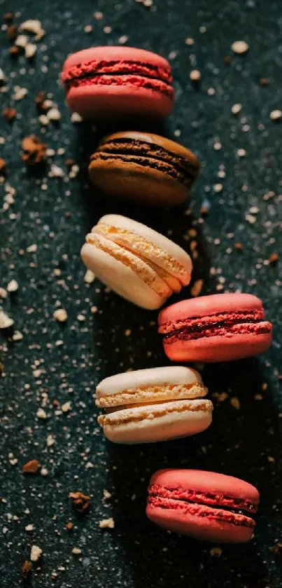 Colorful macarons on a dark background.