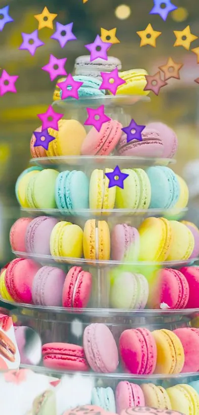 Tower of colorful macarons with stars, ideal for a lively wallpaper.