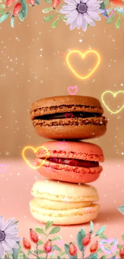Stack of colorful macarons with floral accents on a peach background.