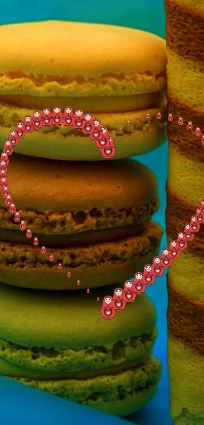 Vibrant macaron stack with jeweled heart overlay.