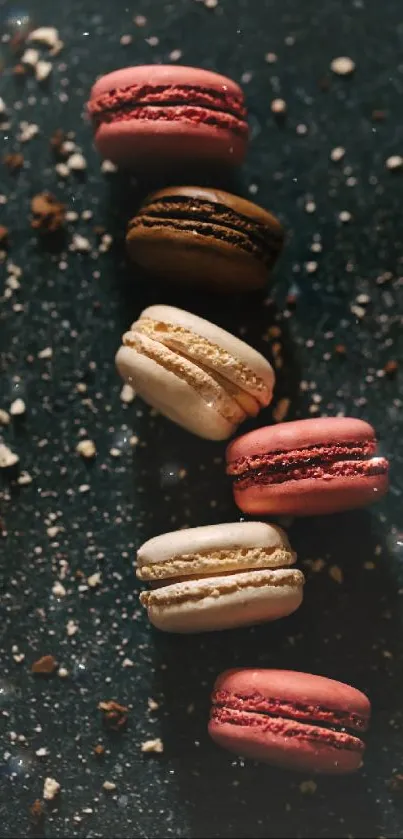 Colorful macarons on a dark, textured background.