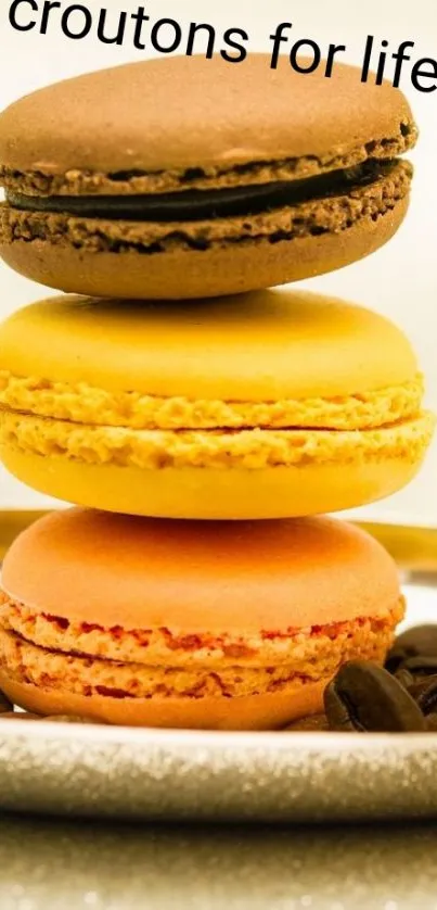 Stack of macarons with vibrant colors and text overlay.