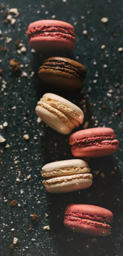 Colorful macarons on a dark background with scattered crumbs.