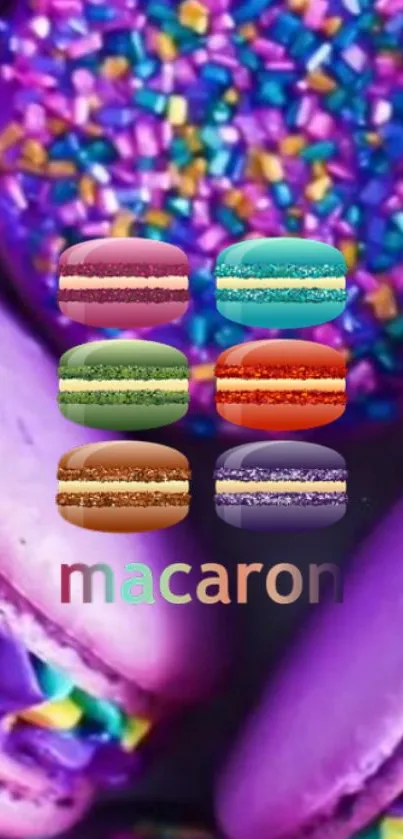 Vibrant purple macaron wallpaper with colorful sprinkles.