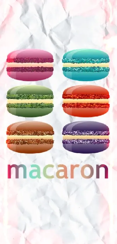 Colorful macarons on a crumpled white paper background.