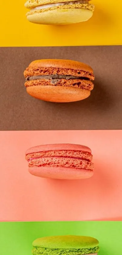 Colorful macarons on vibrant backdrops, perfect for mobile wallpaper.