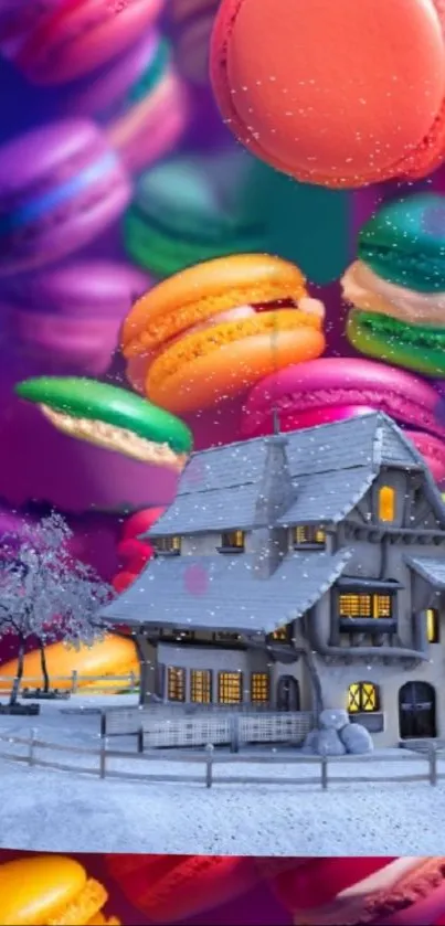 Vibrant macarons with snowy cottage.