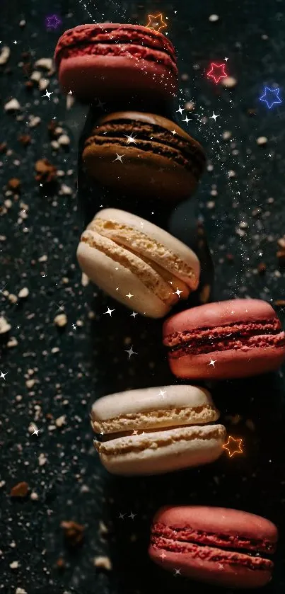 Colorful macarons on a dark, sparkly background.