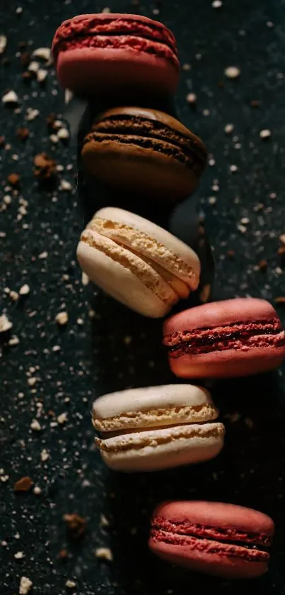 Stack of colorful macarons on a dark background, perfect for phone wallpaper.