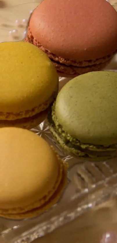 A vibrant display of colorful macarons on a decorative plate.