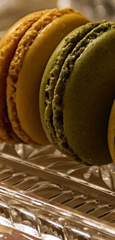 Close-up of vibrant colorful macarons lined up on a glass tray.