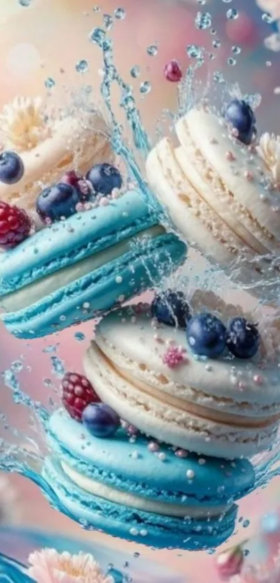 Colorful macarons splashing with vibrant berries in water.