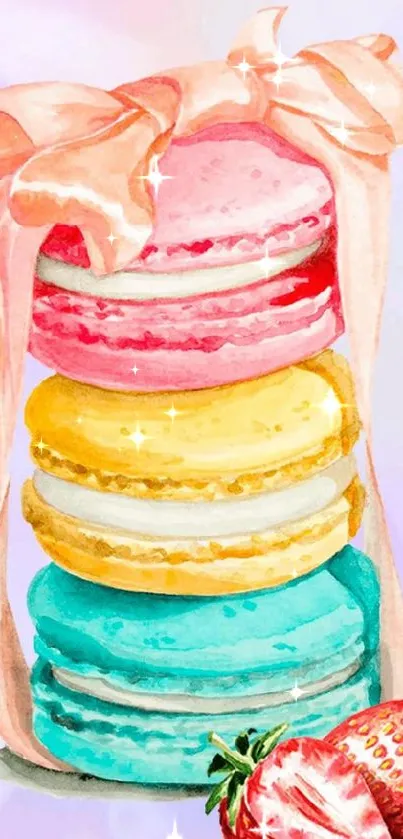 A stack of colorful macarons with a pink ribbon and strawberries.