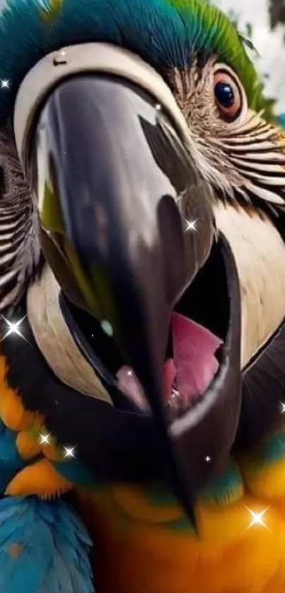 Close-up of a colorful macaw in vibrant yellow and blue tones in a jungle setting.