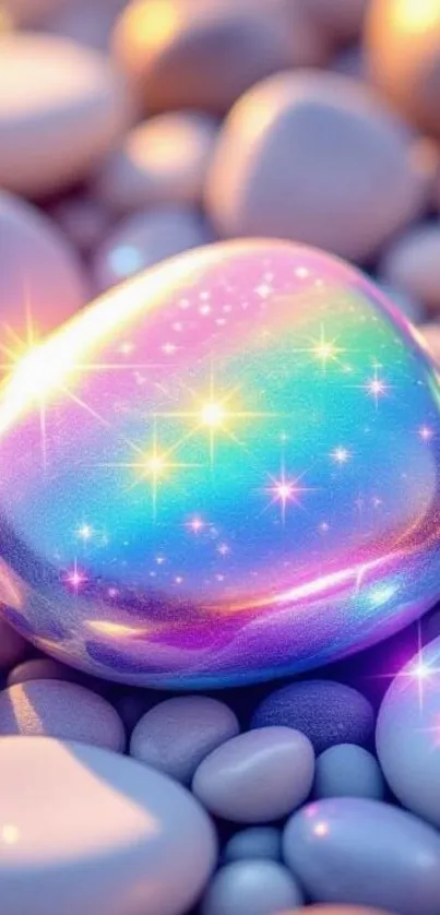 Colorful magical stone with sparkles on pebbles.