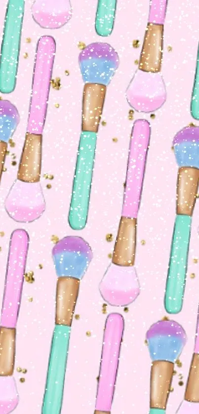 Mobile wallpaper with colorful makeup brushes on pink background.