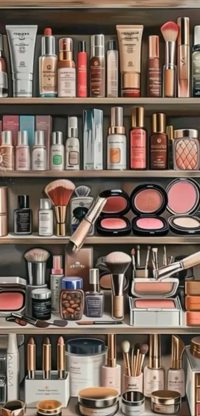 Organized makeup products on display shelves.