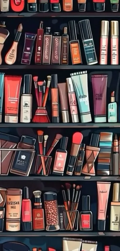 Artistic mobile wallpaper of a colorful makeup shelf.