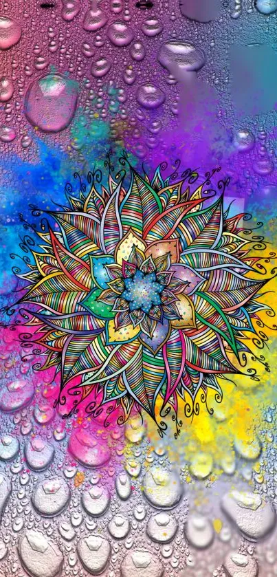 Colorful mandala art with water drop texture.