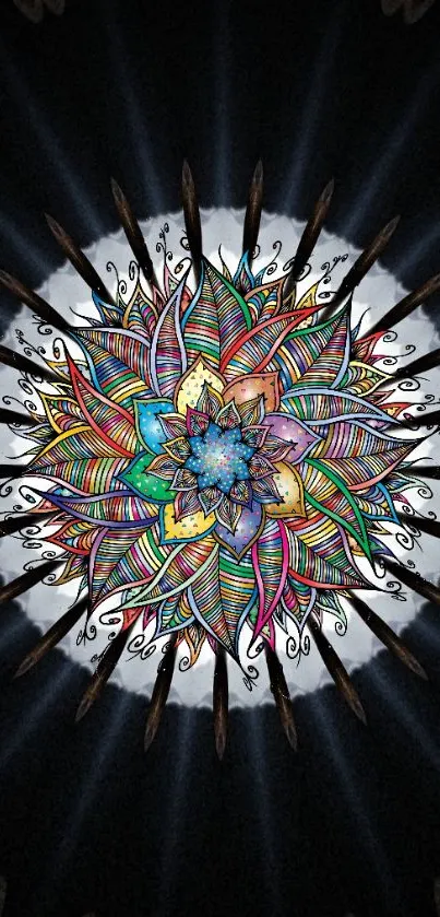 Vibrant mandala art with colorful patterns on a black background.