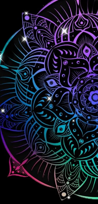 Colorful mandala design on a black background with shining accents.