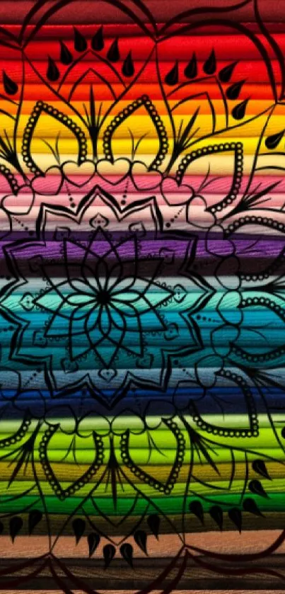 Colorful mandala pattern with rainbow stripes in background.