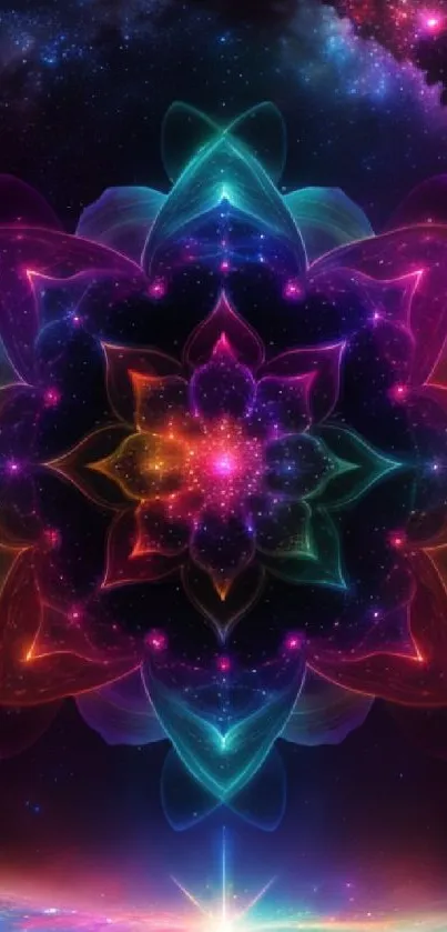 Vibrant cosmic mandala wallpaper with colorful galaxy theme.